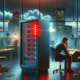 This image depicts an office scene with a network server displaying red warning lights, symbolizing a system failure.