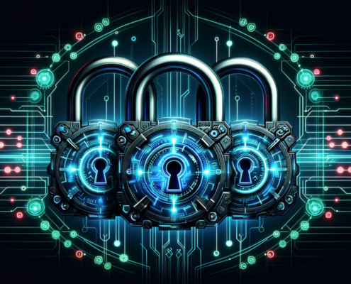 Image of two futuristic cyber padlocks with digital elements, interconnected by their loops, symbolizing the integration of cybersecurity and co-managed solutions.