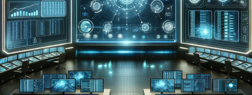 The image illustrates a futuristic control room designed for IT infrastructure management. It features an array of state-of-the-art monitors and interfaces within a sleek, modern environment. These screens are actively displaying various IT operational data, such as network diagrams, server statuses, and data analytics, emphasizing a high-tech setup geared towards enhancing business efficiency through advanced technological oversight. The room is devoid of any human presence, highlighting the focus on technology.