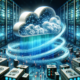 The image visualizes a dynamic, scalable cloud network handling increased data flow. It features a central, floating cloud composed of wireframe and solid textures, surrounded by swirling, thick digital streams in shades from light to deep blue, symbolizing growing data traffic.